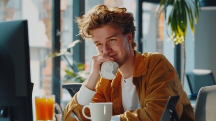 Poster - Modern Office with Young Happy Businessman Using Computer with Colleagues. Stylish Handsome Manager Smiling Working on Finance and Marketing Projects. Drinking Tea or Coffee.