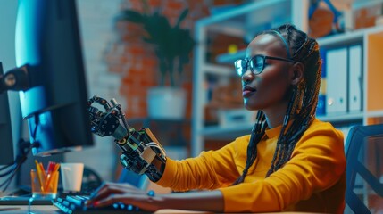 Poster - Body Positive Office: Professional with advanced myoelectric bionic hand using a prosthetic arm while working on a computer.
