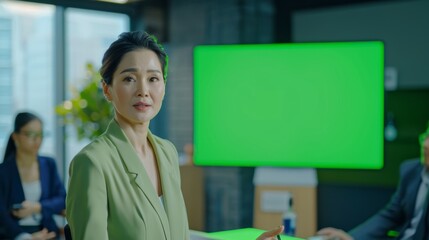 Poster - Diverse Office Conference Room Meeting: Successful Asian Businesswoman Uses Green Screen Chroma Key Wall TV to Present Product to Investors. E-Commerce Strategy. Wide Shot