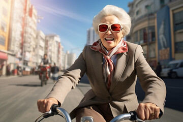 A beautiful elderly of Mongolianformal woman riding her bicycle to work, a frontside portrait of a woman commuting on a bicycle on a sunny day in an urban street at mid-day