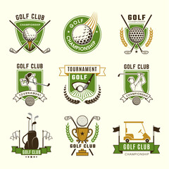 Wall Mural - Golf club badges. Sport game golf banners with tools balls cups and sticks recent vector template