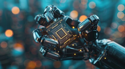 Poster - The futuristic technology concept depicts a modern robotic arm holding an advanced supercomputer processor. A microchip digitizes power lines and sends data to them using computer vision.