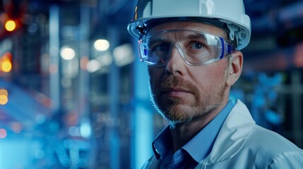 Poster - Male Engineer Posing for a Photograph with a White Hard Hat and Safety Glasses, Standing at Electronics Manufacturing Factory.