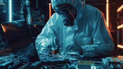 Poster - A modern technology concept shows a man in a coverall working on a laptop computer, inspecting a circuit board with microchips, and typing data. Technicians test new electrical equipment.