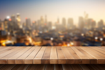 Wall Mural - Empty wooden planks or tabletop in front of a blurred bokeh city and modern background a product display background or wallpaper concept with front-lighting