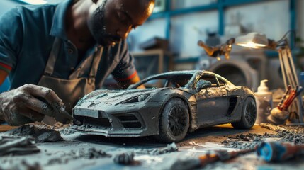 Poster - Black Designer Sculpting Industrial Plasticine Clay 3D Model of Sporty Coupe Sculpted by Diverse African Automotive Artist. Black Designer Working on a New Prototype.
