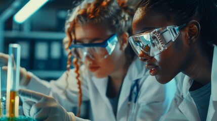 Poster - students in safety goggles and white coats collaborating on a college project. scholars converse, st
