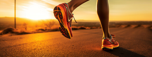 Lady or female / woman South-African trail runner running on a asphalt street with a close-up of the trail running shoes during sunset