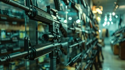 Sticker - A display of guns in a store