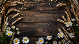 Fototapeta  - Professional wooden background with daisies and wheat.