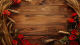 Fototapeta  - Professional wooden background with poppies and wheat. Place for text.