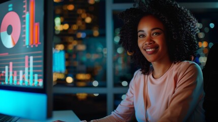 Poster - African American Woman Checking Data and Statistic Charts on Her Desktop Computer at Creative Agency in the Evening. Happy Successful Black Businesswoman on Desktop Computer with a Smile.