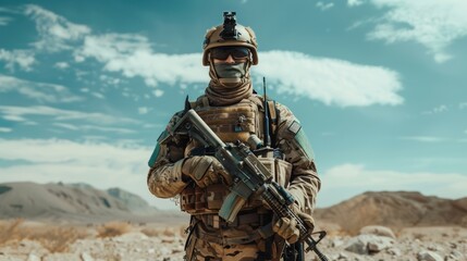 A fully equipped solder stands in the desert holding an assault rifle.