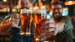 © Elena - Two cheerful friends raise their beer glasses for a toast in a lively bar, with the warm lights and a blurred background creating a cozy and inviting atmosphere