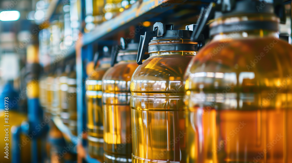 File Container For Production Rows of large containers filled with golden liquid lined up in a ...