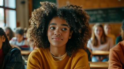 Poster - The shot shows a beautiful black female student listening in the classroom as she watches into the camera. A bright sunny atmosphere surrounds her.