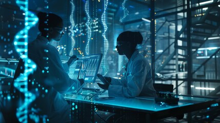 Poster - Two scientists work together on a transparent display computer in the futuristic laboratory. A screen displays sequenced human DNA.