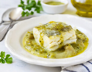 Poster - Plate of hake in green sauce served on a white plate elegantly placed on a wooden table.