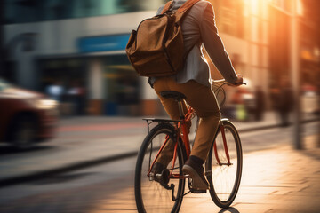 A beautiful young adult of Asian hipster man riding his bicycle to work, a backside portrait of a guy commuting on a bicycle on a sunny day in an urban street at mid-day