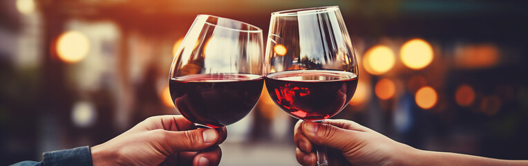 Wall Mural - Two male hands toasting or clinking with red wine glasses on a spring and eccentric background