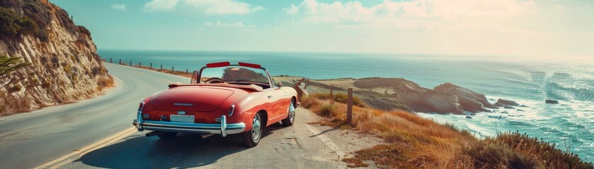 A red convertible is driving down a road near the ocean