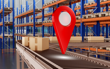 Poster - Conveyor inside logistics fold. Geotag among storage racks. Production line to speed up logistics. Conveyor belt in hangar. Logistics technologies. Fulfillment, distribution. 3d image