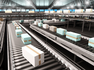 Poster - Industrial conveyor. Production line. warehouse works without people. Boxes on production line. Conveyor in plant building. Conveyor in storage facility. Delivery service warehouse. 3d image