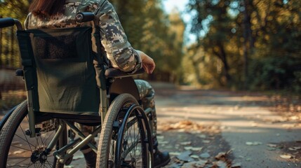 Poster - A woman in a military uniform is sitting in a wheelchair