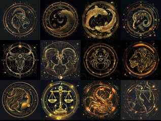a collection of 12 intricate zodiac signs illustrated in gold on a black background. each sign is re