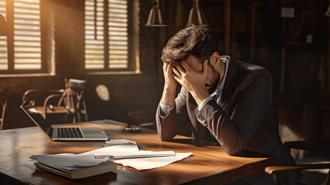 A tired and frustrated young adult and Latin business man is sitting at his wooden office desk with his hands in her hair with backlighting