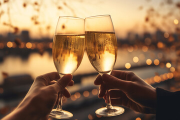 Canvas Print - two people caucasian hands toasting champagne glasses for new years eve with a city background, a celebration or engagement concept