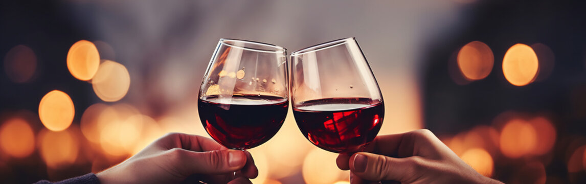 Two male hands toasting or clinking with red wine glasses on a winter and minimalist background