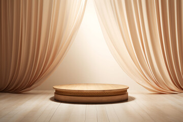 An empty round wooden podium set amidst a soft white blowing drapery curtain drapes and modern background a product display background or wallpaper concept with backlighting