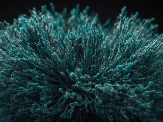 Poster - Intricate, dense structure resembling coral, marine life. Each strand showcases gradient of colors from deep blues to lighter, almost green hues. Dark background accentuates subject, making colors.