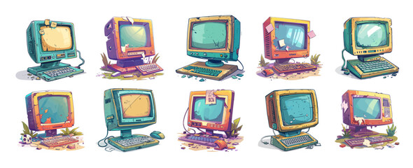 Poster - 404 computer error cartoon style vector set. monitor failure malfunction breakdown old destroyed bro