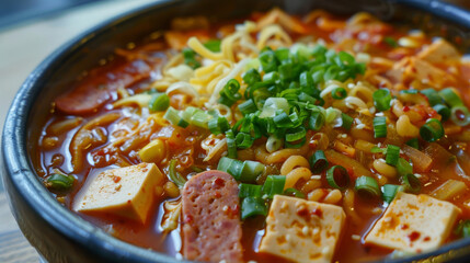 Wall Mural - Close-up view of traditional korean soup with tofu, sausage, green onions, and a spicy red broth, served in a black bowl