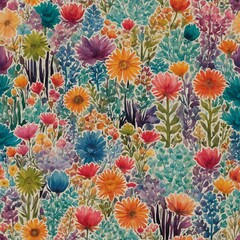  Vibrant array of flowers fills frame, showcasing mix of colors, species in full bloom. Floral pattern dense, with each flower painted in exquisite detail, creating lively.