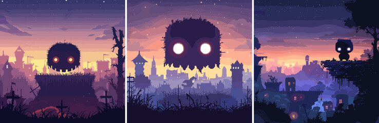 Wall Mural - Arcade game monster character pixel art vector concepts. Round shaggy fur glowing eyes fangs creature grass bushes castle fortress landscape dusk dark sky stars, 8 bit illustrations