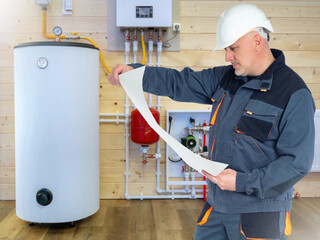 Poster - engineer near boiler. man installs heating system in house. builder reads instructions for boiler eq