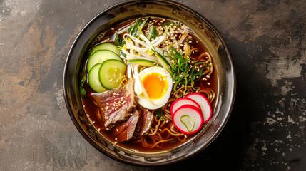 Wall Mural - Authentic korean beef noodle soup with egg, cucumber, radish, and bean sprouts, served in a black bowl on a rustic surface