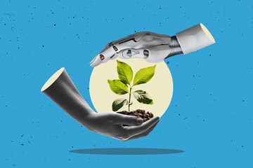 flat art design. robot hand and human hand holding a young plant against green sunny forest backgrou