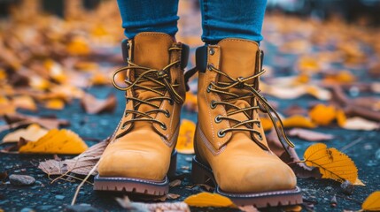 Canvas Print - A person wearing yellow boots standing on a pile of leaves, AI