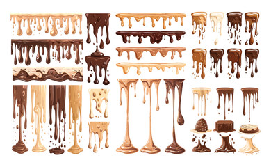 Poster - chocolate dripping cartoon vector set. leaks drops flows splashes liquid hot glaze black milk bitter