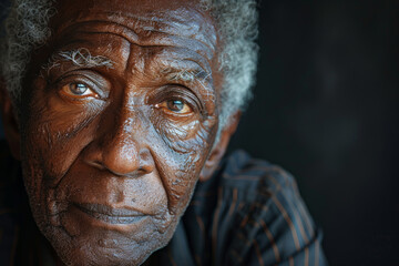 Sticker - Close up portrait of wrinkled afro-american elderly man against black background, dramatic portrait