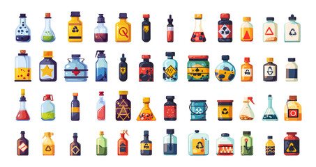 Canvas Print - Dangerous substances cartoon vector set. Bottles flasks storage tanks toxic poison radioactive chemical liquids gases vessels, illustrations isolated on white background