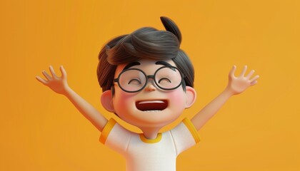 Wall Mural - A cartoon boy with glasses is smiling and waving by AI generated image