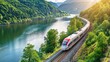 © Adi - high-speed train driving through a beautiful landscape with a river and a forest - preserving nature with sustainable transportation