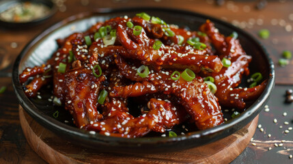 Wall Mural - Korean chicken with a sweet and spicy glaze, sprinkled with sesame seeds and spring onions, displayed on a rustic wooden table