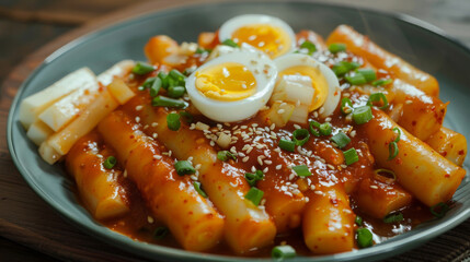 Wall Mural - Traditional korean tteokbokki dish with boiled eggs, green onions, and sesame seeds on an authentic plate