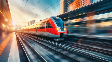 Aufkleber - Electric train speeding through a modern urban landscape at sunset.